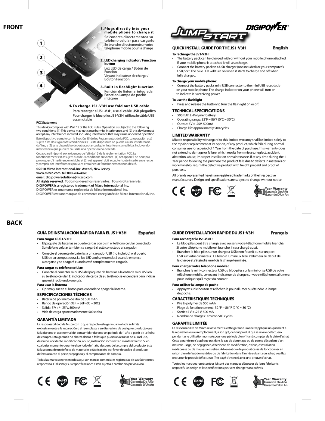 DigiPower JS1-VH3 technical specifications Front, Back, QUICK INSTALL GUIDE FOR THE JS1V3H, Technical Specifications 
