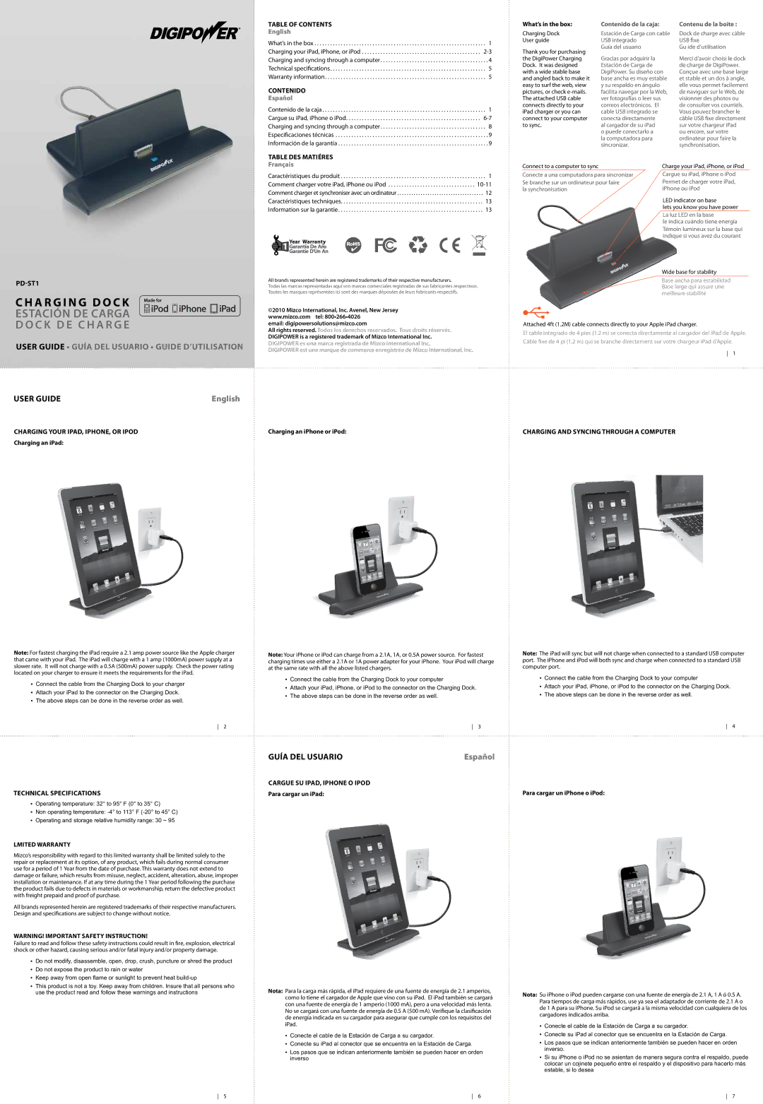 DigiPower PD-ST1 technical specifications Table of Contents, Contenido, Table des matiéres Français 