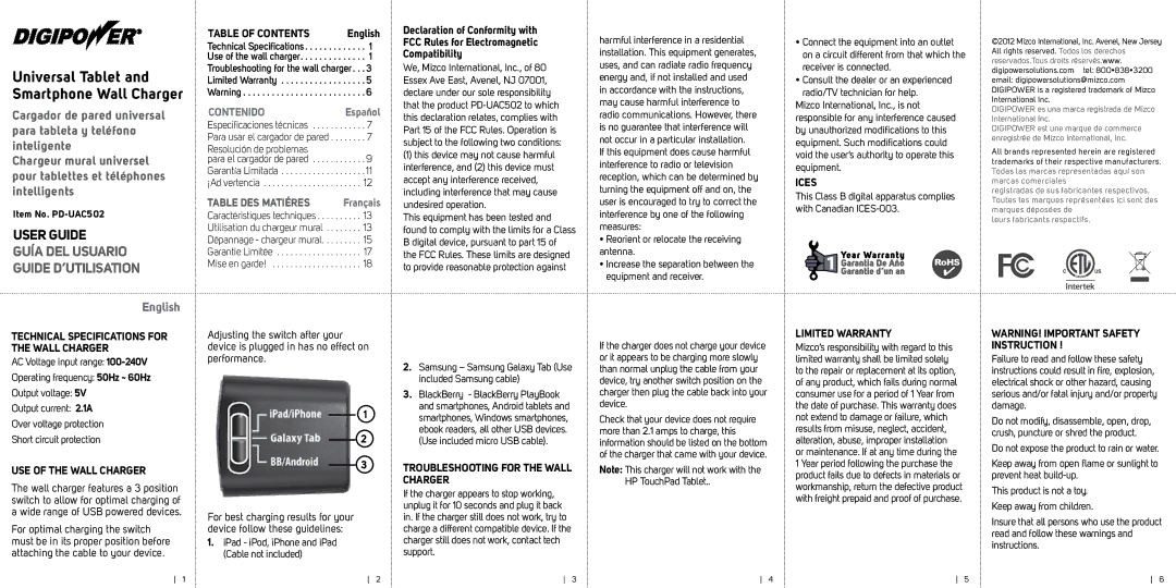 DigiPower PD-UAC502 technical specifications English, Ices 