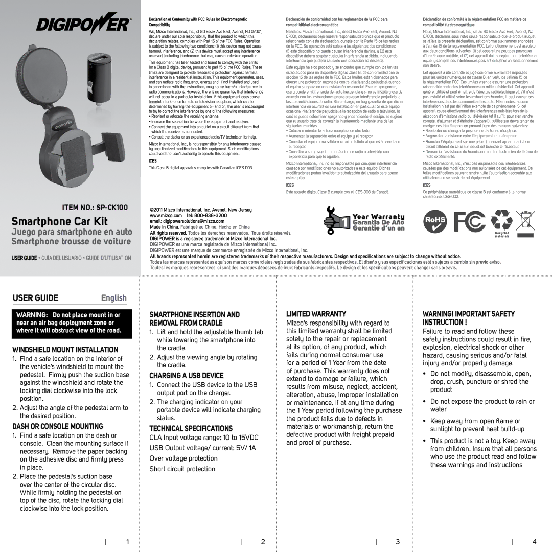 DigiPower SP-CKC100 technical specifications Technical Specifications, Limited Warranty 