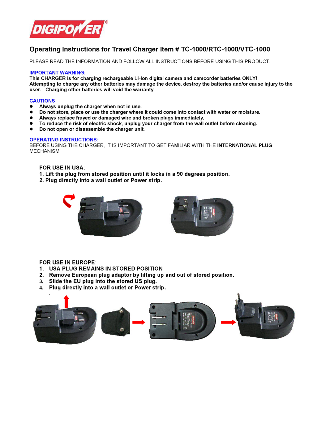 DigiPower VTC-1000, RTC-1000 operating instructions For USE in USA, For USE in Europe USA Plug Remains in Stored Position 