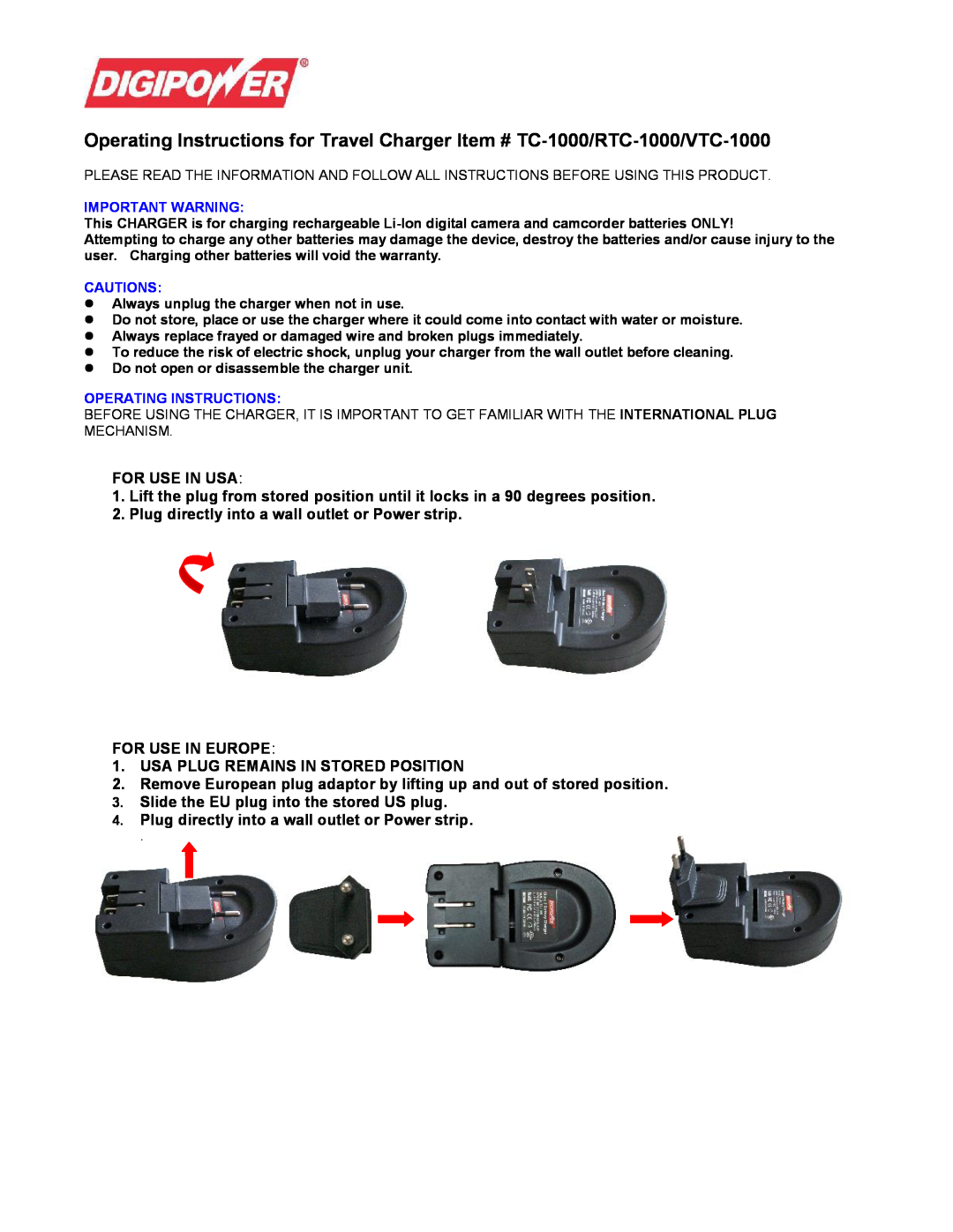 DigiPower VTC-1000 operating instructions For Use In Usa, Usa Plug Remains In Stored Position, Important Warning, Cautions 