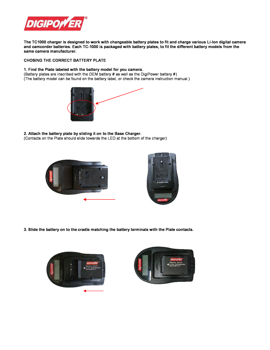DigiPower RTC-1000, VTC-1000 operating instructions Chosing The Correct Battery Plate 