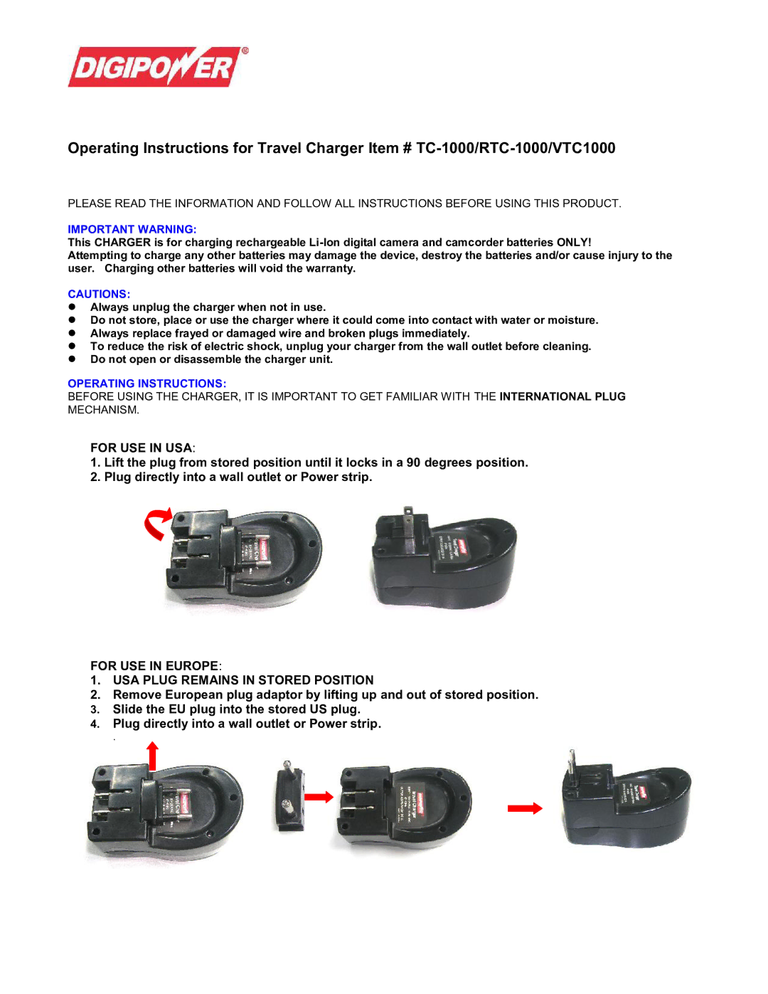 DigiPower TC-1000 operating instructions For USE in USA, For USE in Europe USA Plug Remains in Stored Position 