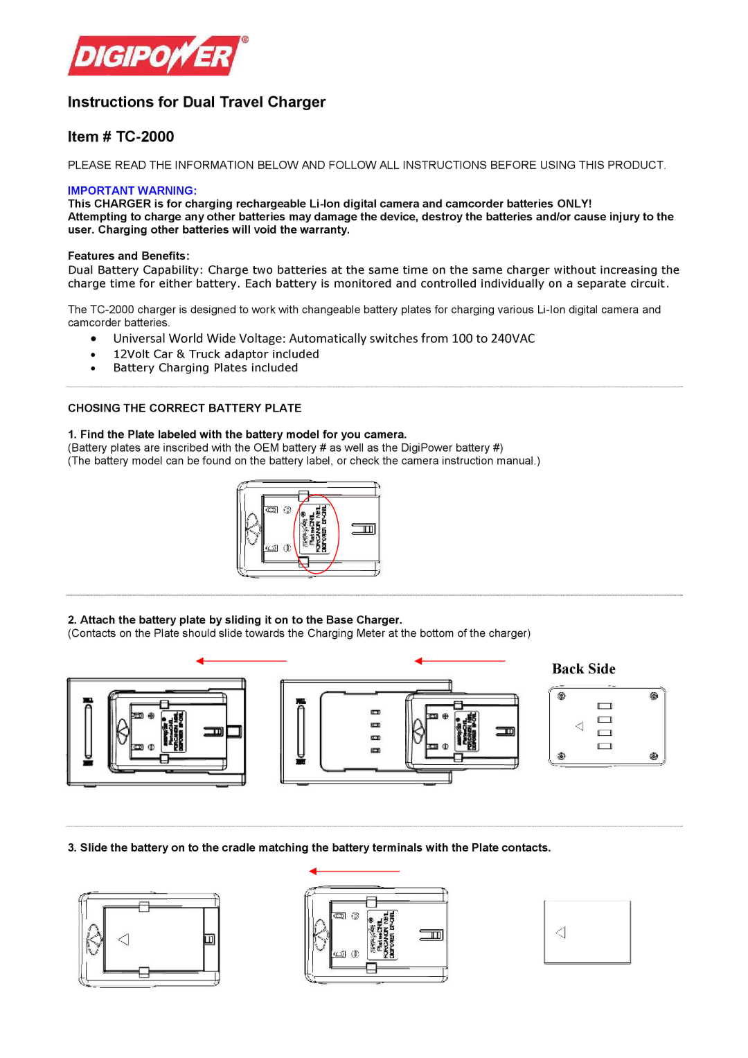 DigiPower warranty Instructions for Dual Travel Charger Item # TC-2000, Important Warning 