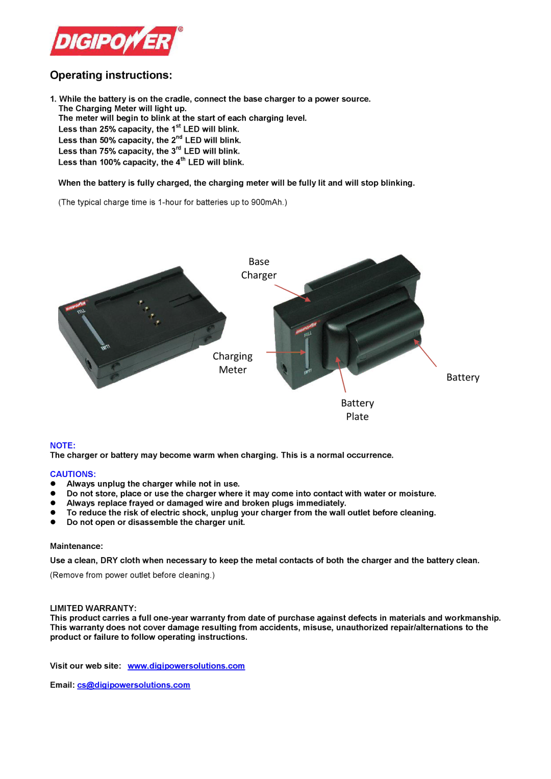 DigiPower TC-2000 warranty Operating instructions, Base Charger, Meter Battery Plate, Limited Warranty 