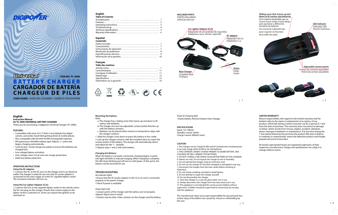 DigiPower TC-3000 instruction manual Included Parts, Features, Operating Instructions, Specifications, Limited Warranty 