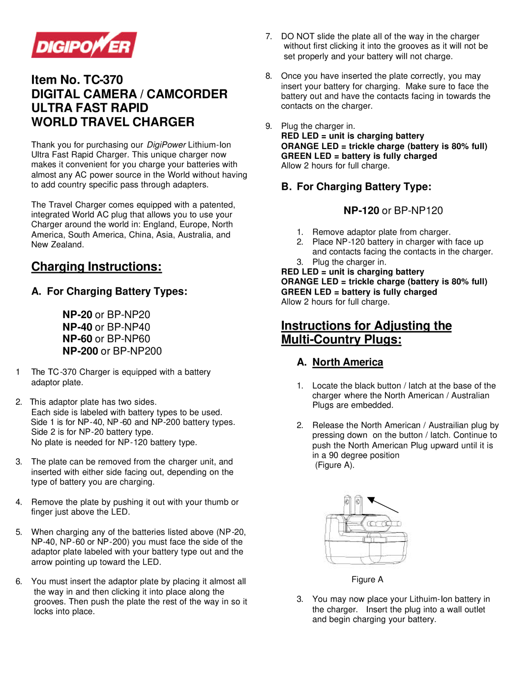 DigiPower manual Item No. TC-370, Charging Instructions, Instructions for Adjusting Multi-Country Plugs 