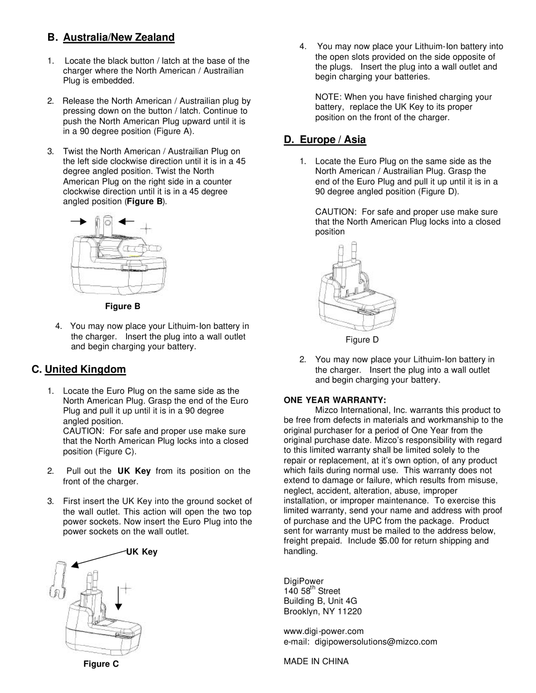 DigiPower TC-370 manual Australia/New Zealand, United Kingdom, Europe / Asia 