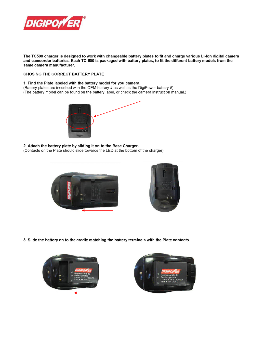 DigiPower TC-500 operating instructions Chosing the Correct Battery Plate 