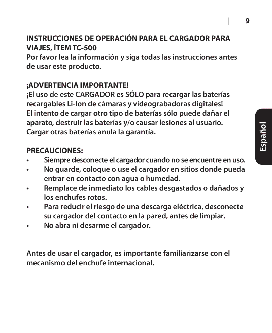 DigiPower TC-500 manual ¡ADVERTENCIA Importante, Precauciones 