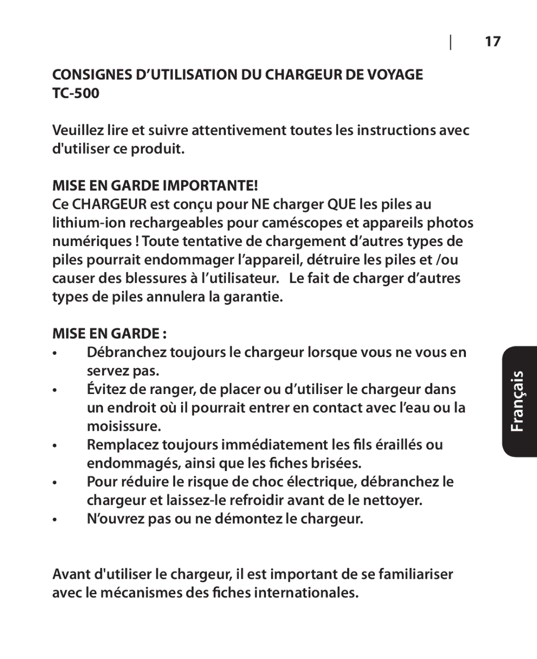 DigiPower manual Consignes D’UTILISATION DU Chargeur DE Voyage TC-500, Mise EN Garde Importante 