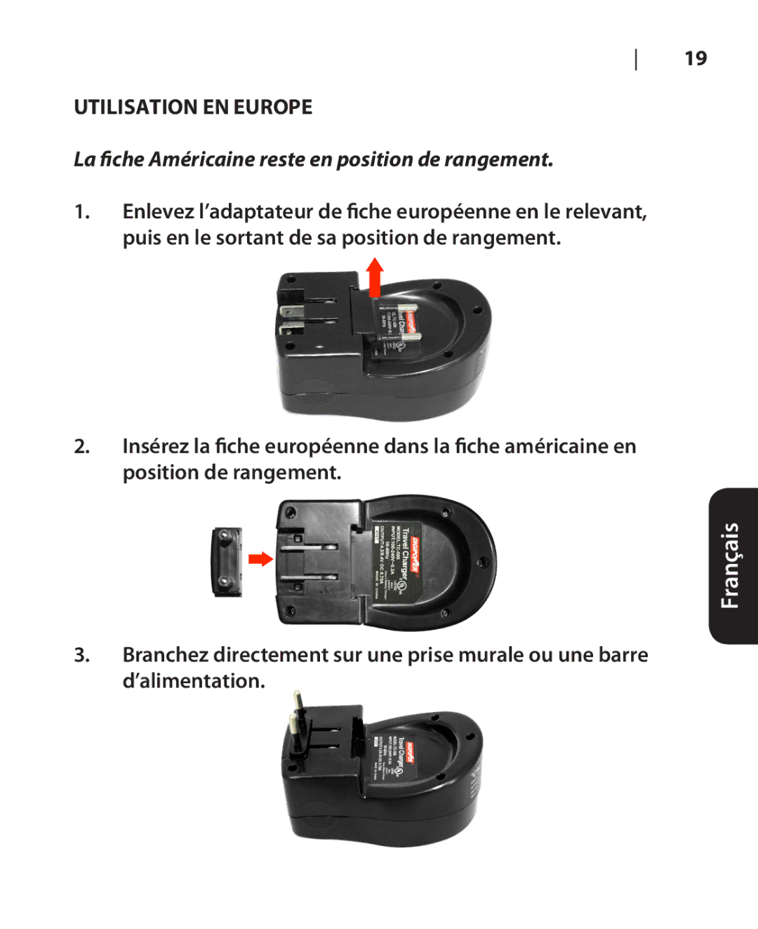 DigiPower TC-500 manual Utilisation EN Europe, La fiche Américaine reste en position de rangement 