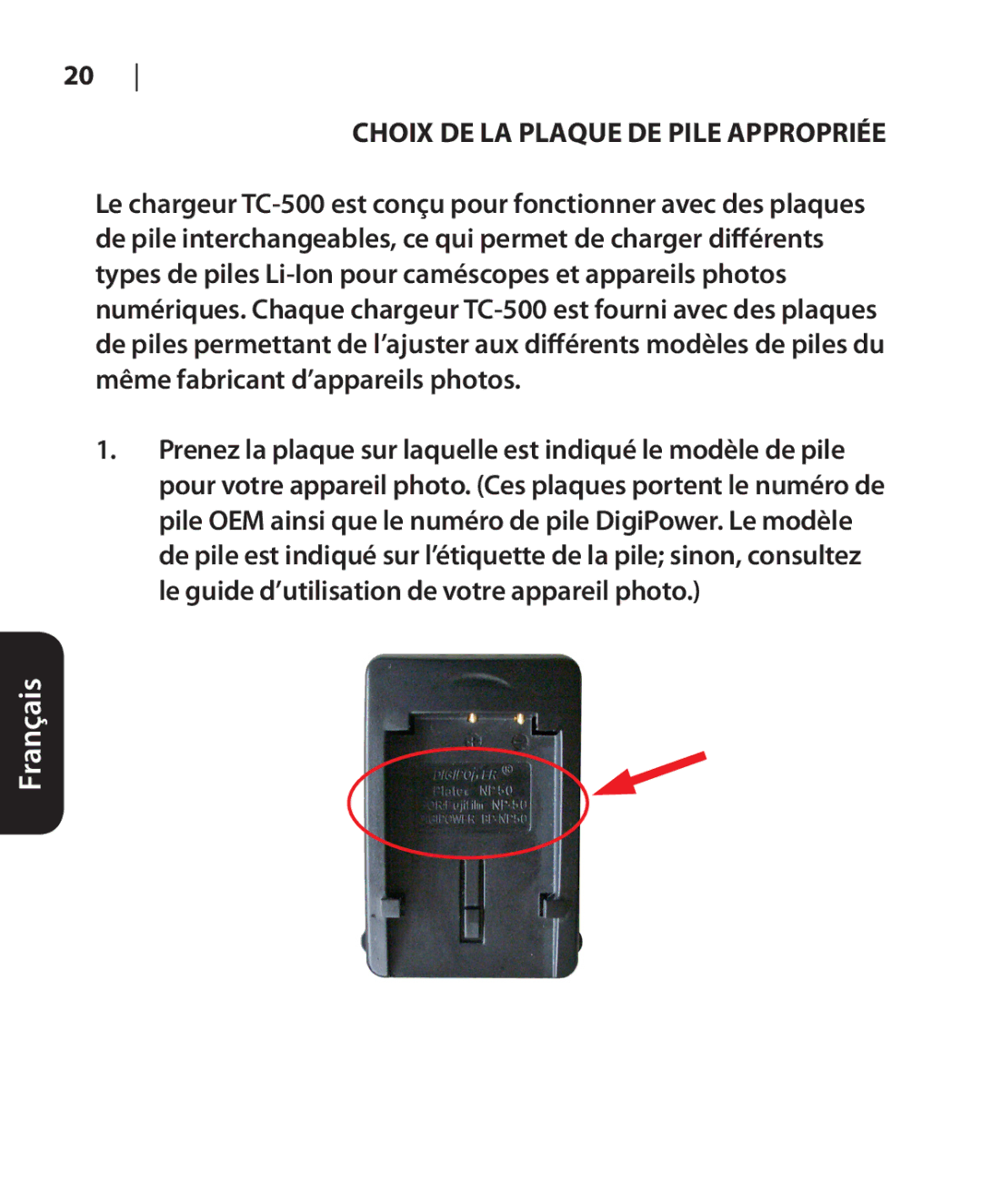 DigiPower TC-500 manual Choix DE LA Plaque DE Pile Appropriée 