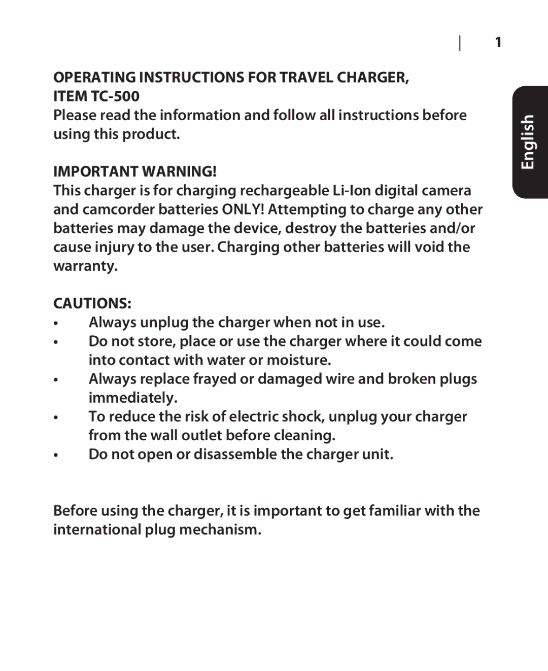 DigiPower manual Operating Instructions for Travel CHARGER, Item TC-500, Important Warning 