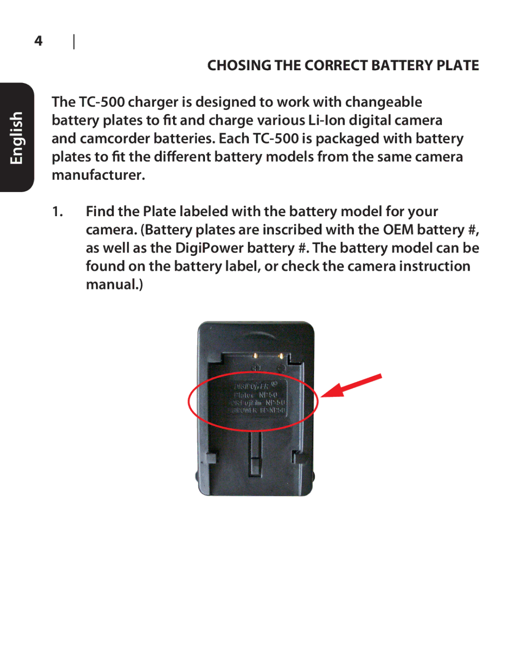 DigiPower TC-500 manual Chosing the Correct Battery Plate 