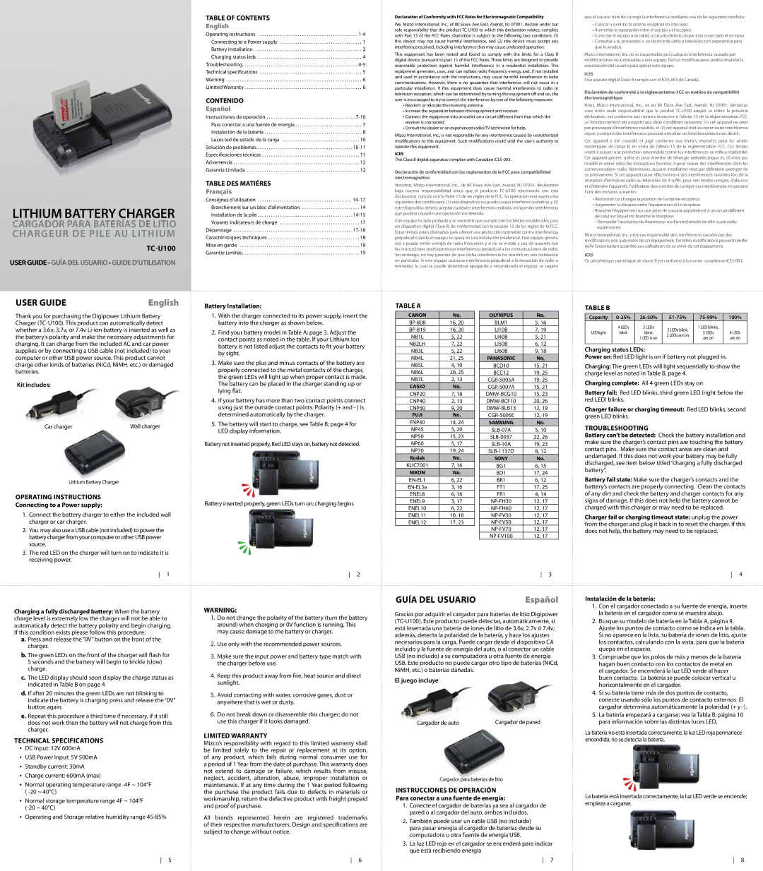 DigiPower TC-U100 operating instructions Table of Contents, Contenido, Table des matiéres, Operating Instructions, Table a 