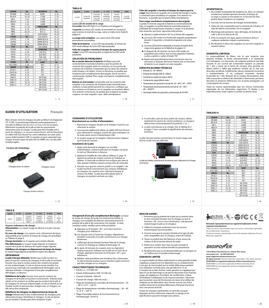 DigiPower TC-U100 Tabla B, Solución de problemas, Especificaciones técnicas, Advertencia, Consignes d’utilisation 