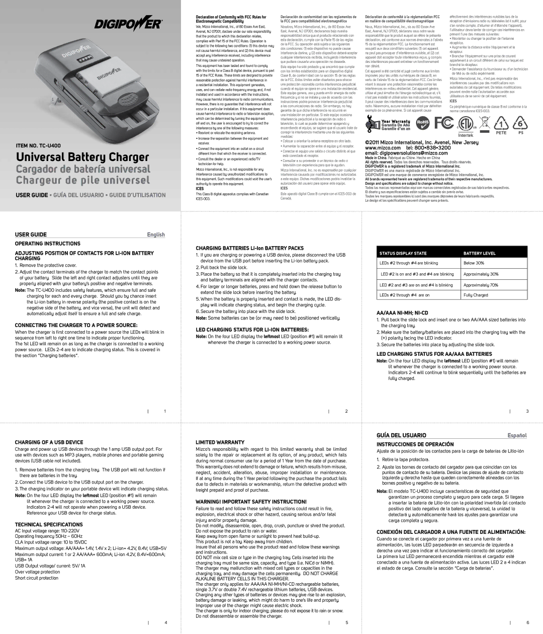 DigiPower TC-U400 operating instructions Operating Instructions, Technical Specifications, Limited Warranty 