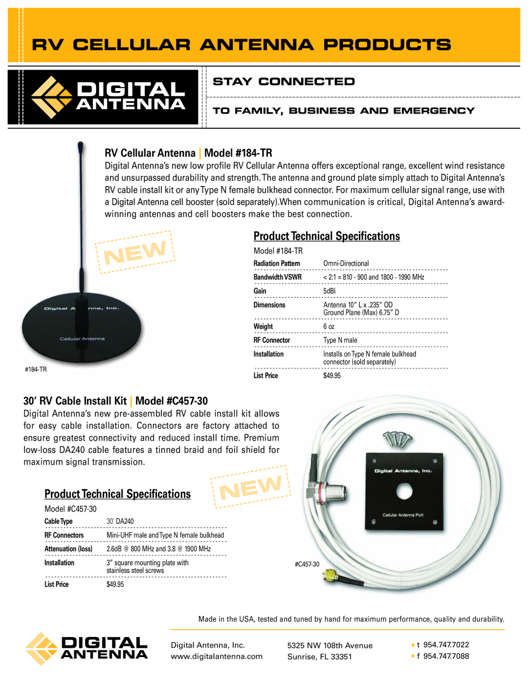 Digital Antenna 184-TR technical specifications New, RV Cellular Antenna Products, ProductTechnical Specifications 