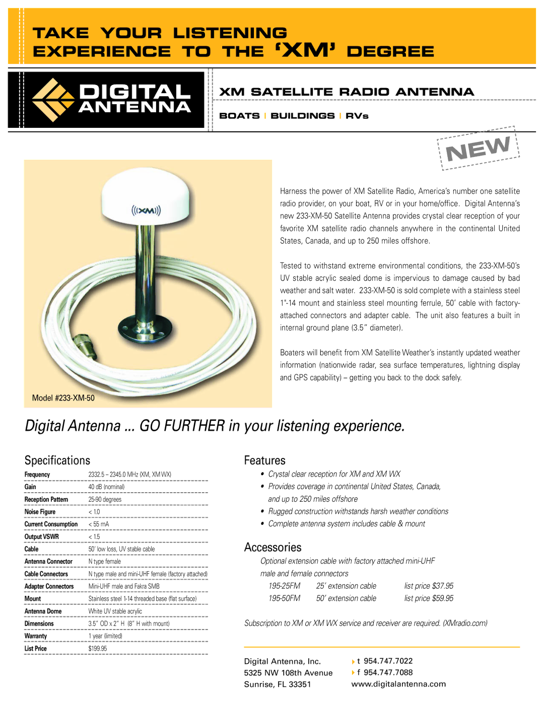 Digital Antenna 233-XM-50 specifications Specifications Features, Accessories 