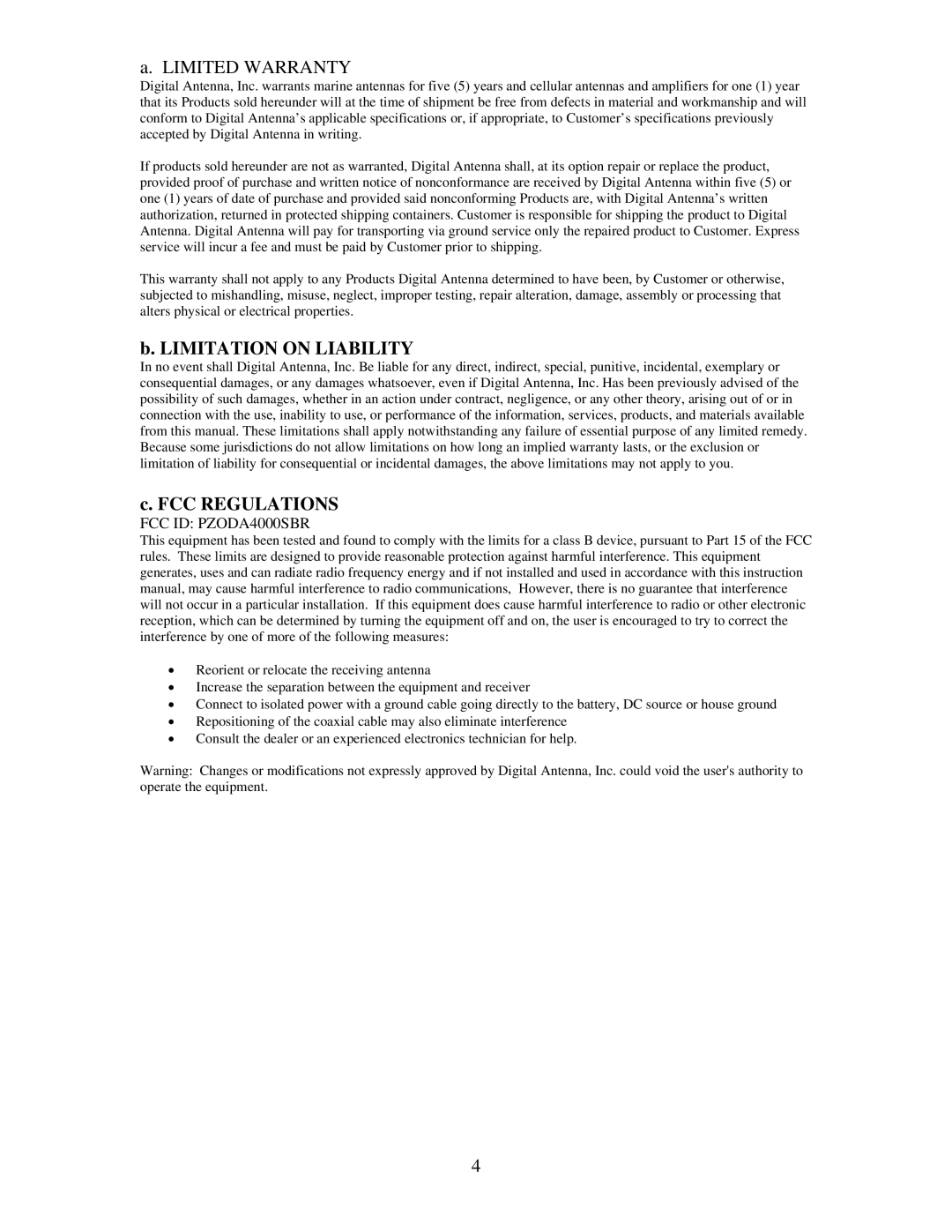 Digital Antenna 4KSBR-50U operation manual Limitation on Liability, FCC Regulations 