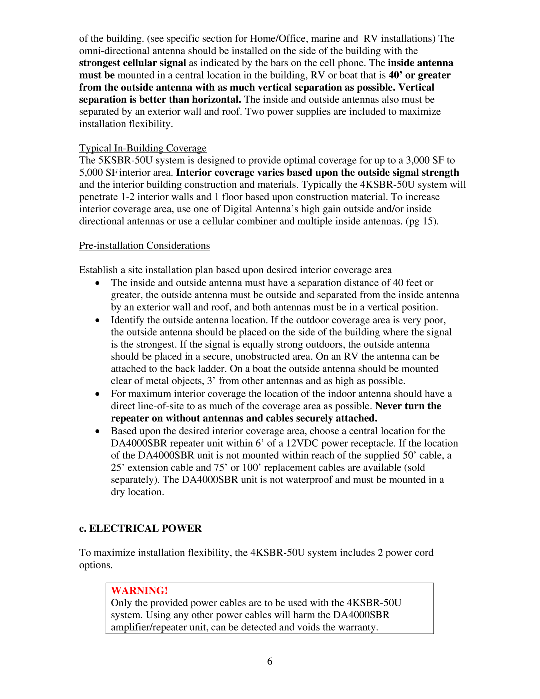 Digital Antenna 4KSBR-50U operation manual Electrical Power 