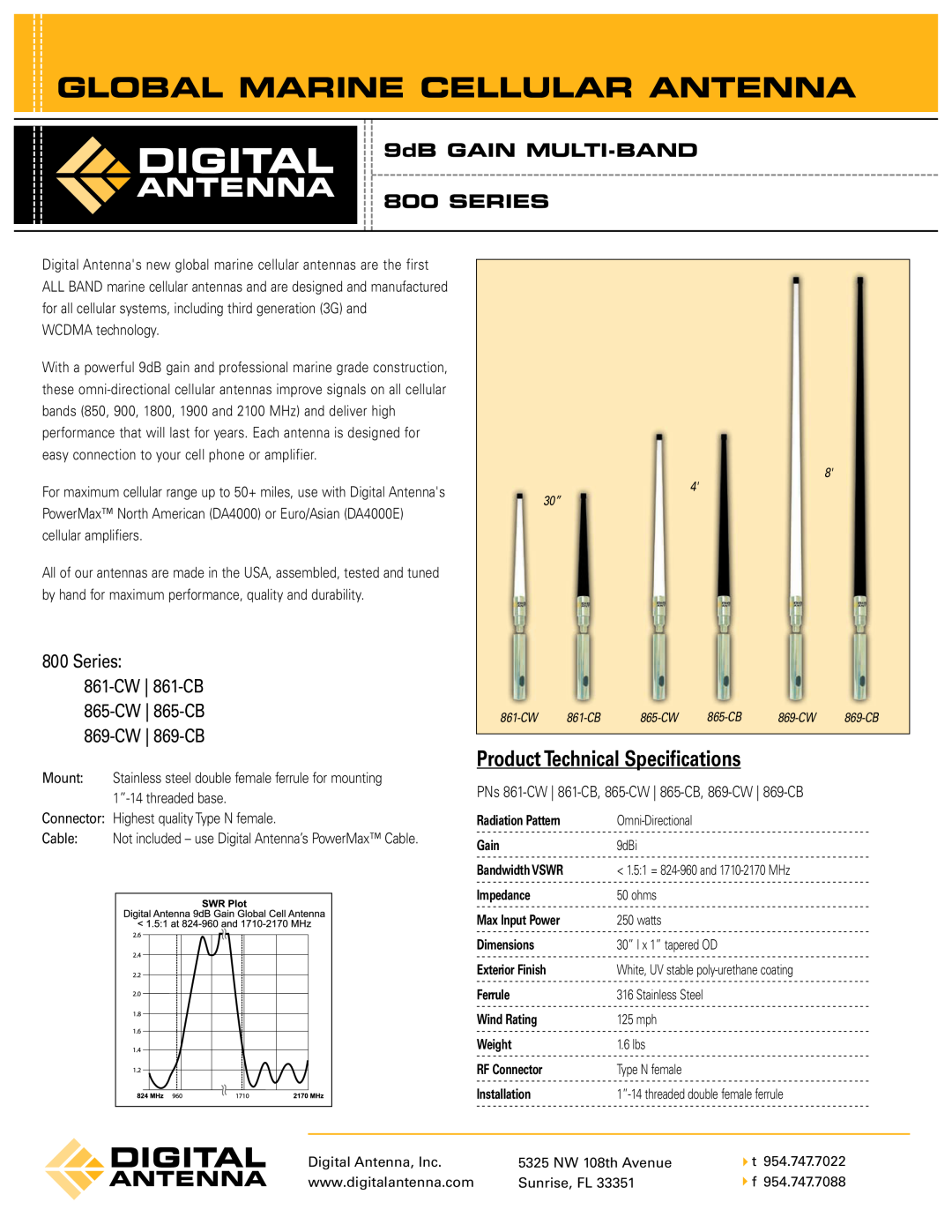 Digital Antenna 800 SERIES technical specifications Global Marine Cellular Antenna, Product Technical Specifications 