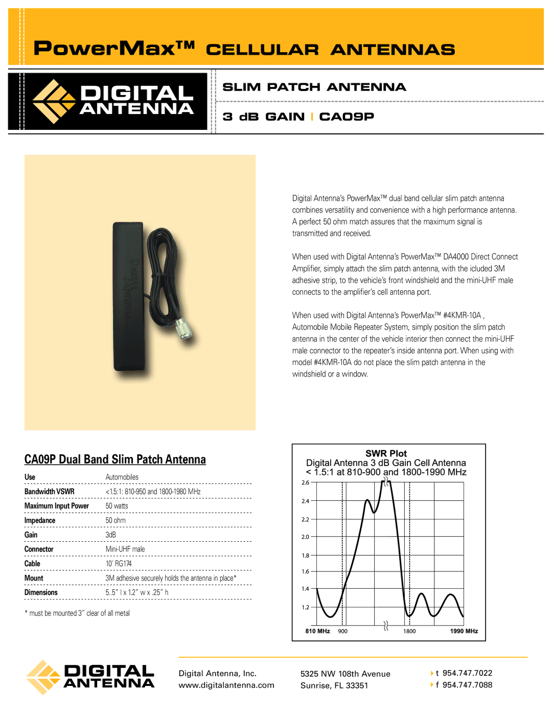 Digital Antenna dimensions PowerMax Cellular Antennas, CA09P Dual Band Slim Patch Antenna, DB Gain CA09P 