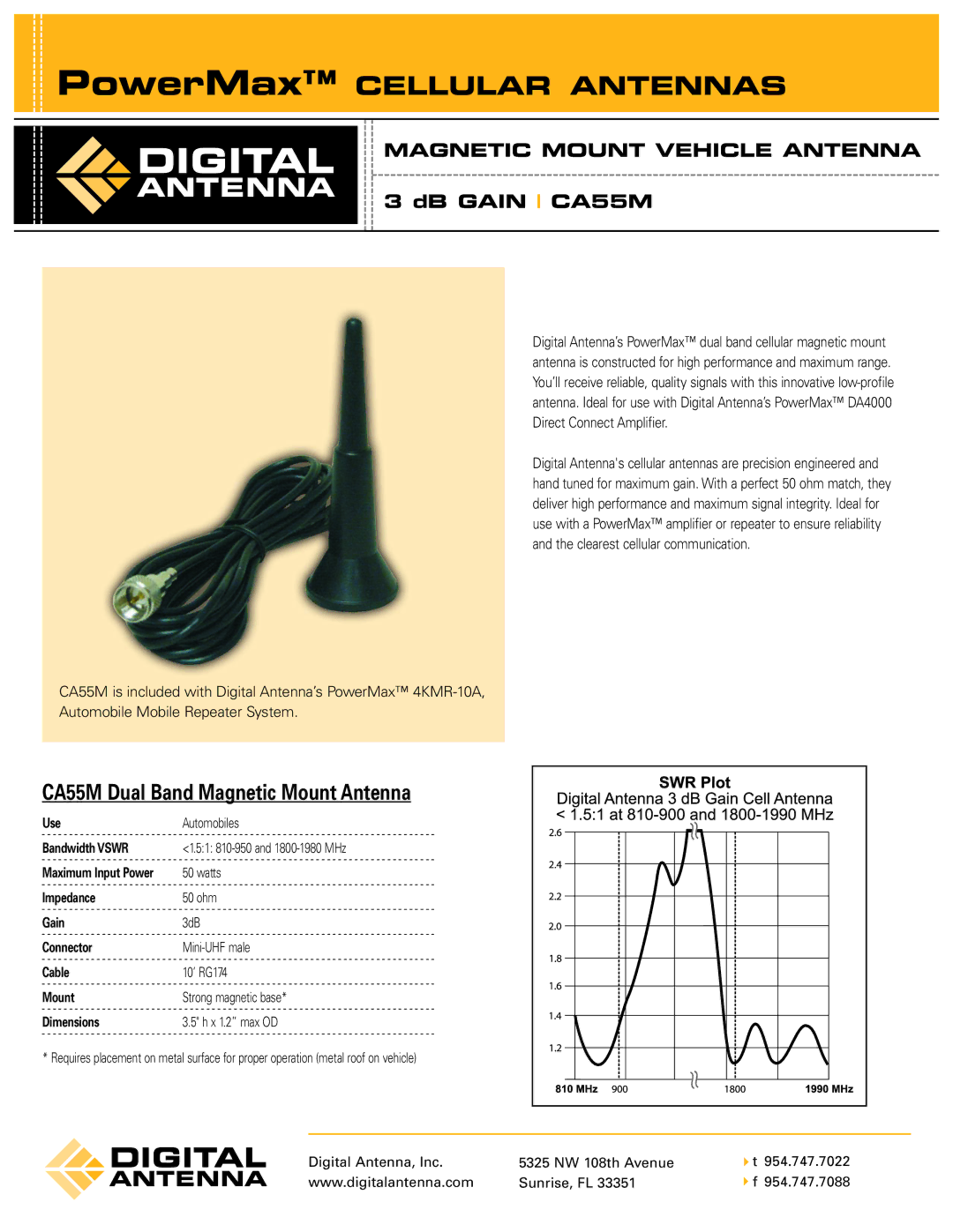 Digital Antenna dimensions PowerMax Cellular Antennas, CA55M Dual Band Magnetic Mount Antenna, DB Gain CA55M 