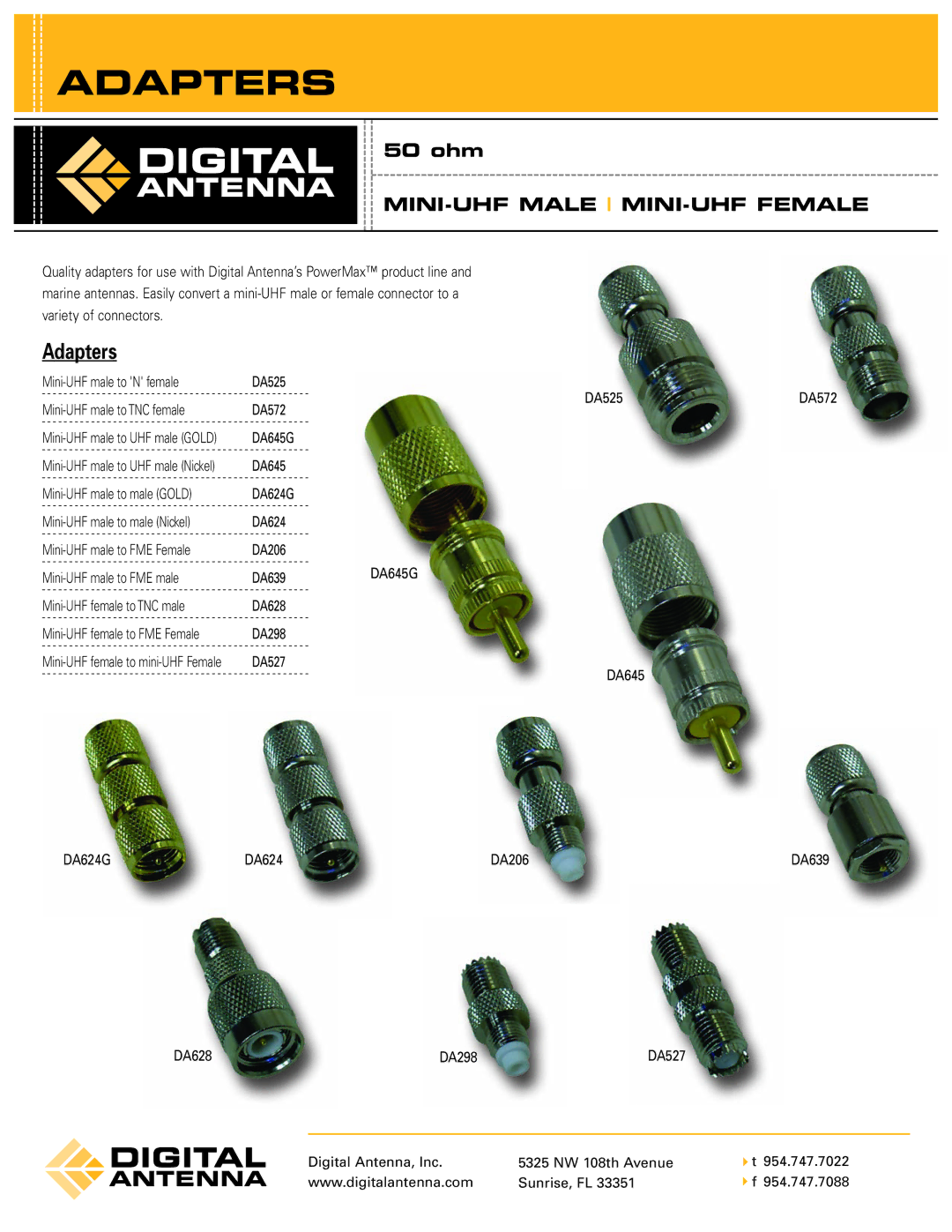 Digital Antenna DA624, DA525, DA572, DA298, DA527 manual Adapters, MINI-UHF Male MINI-UHF Female 