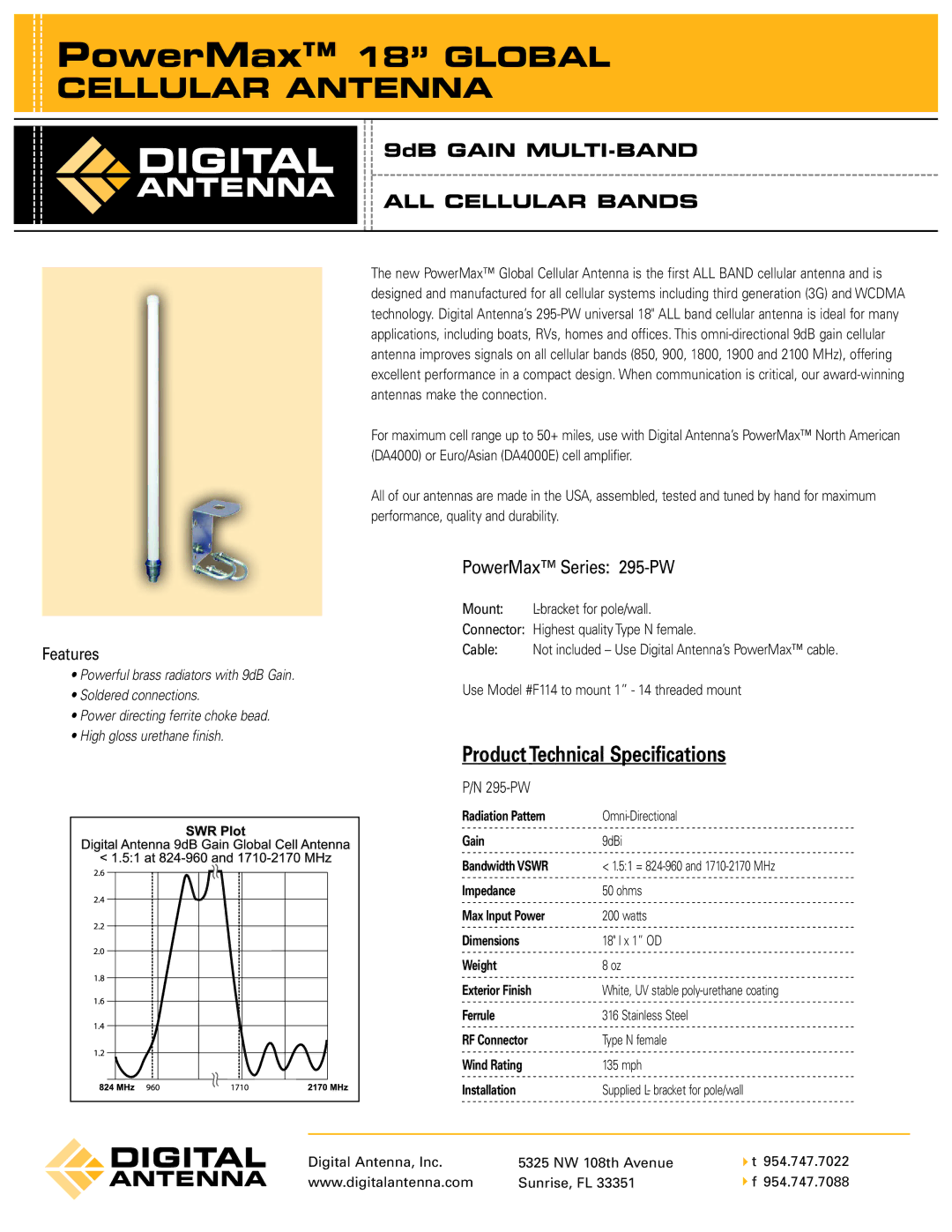 Digital Antenna PowerMaxTM 18 technical specifications PowerMax 18 Global, Cellular Antenna, ALL Cellular Bands 