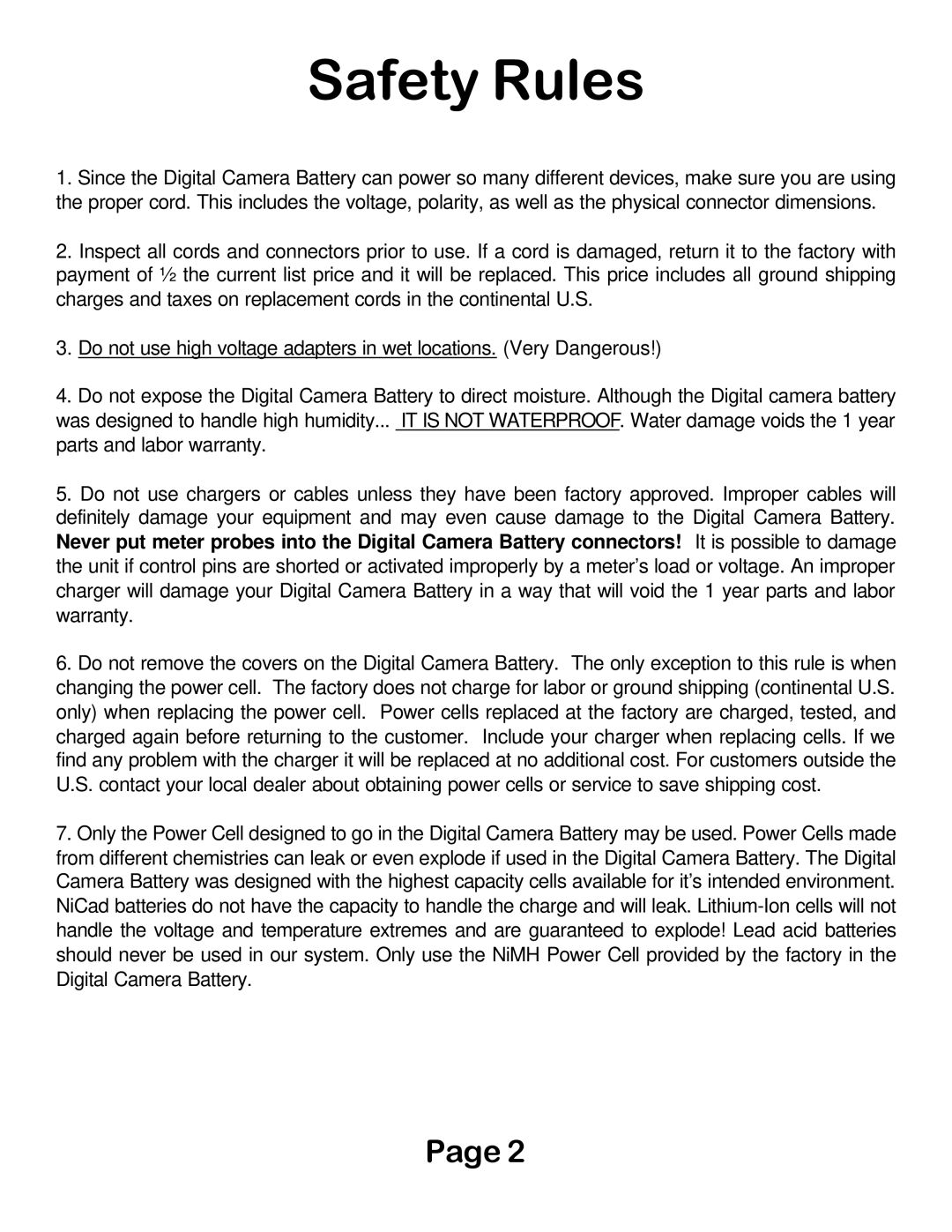 Digital Camera Battery DCB30WB manual Safety Rules 