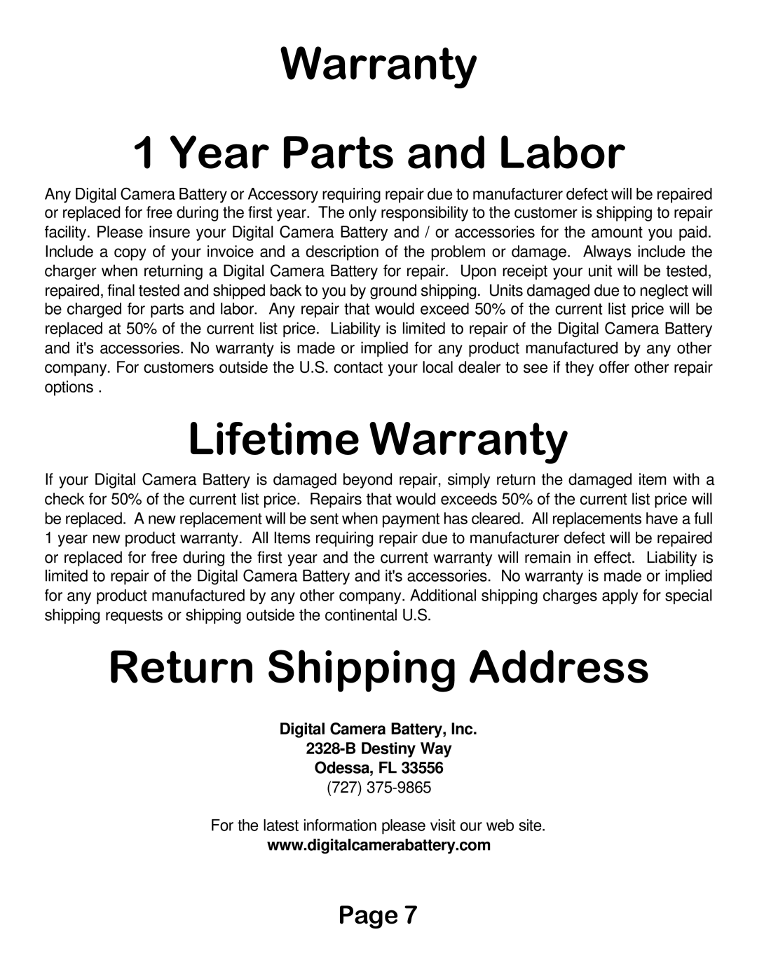 Digital Camera Battery DCB30WB manual Warranty Year Parts and Labor, Lifetime Warranty, Return Shipping Address 