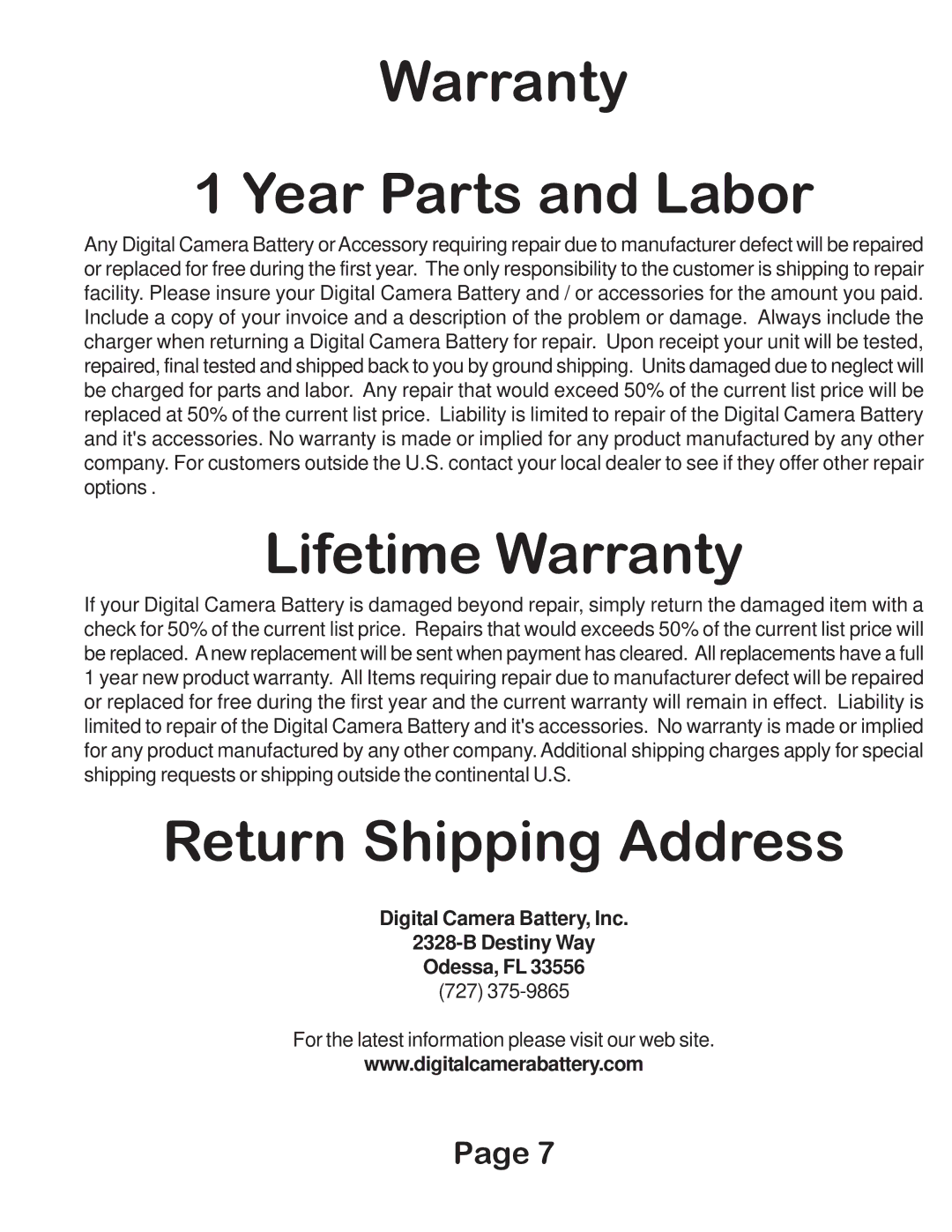 Digital Camera Battery DCB40WB manual Warranty Year Parts and Labor, Return Shipping Address 