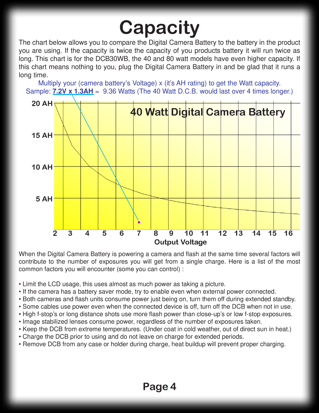 Digital Camera Battery DCB80WB manual Capacity, 20 AH, 15 AH 10 AH Output Voltage 