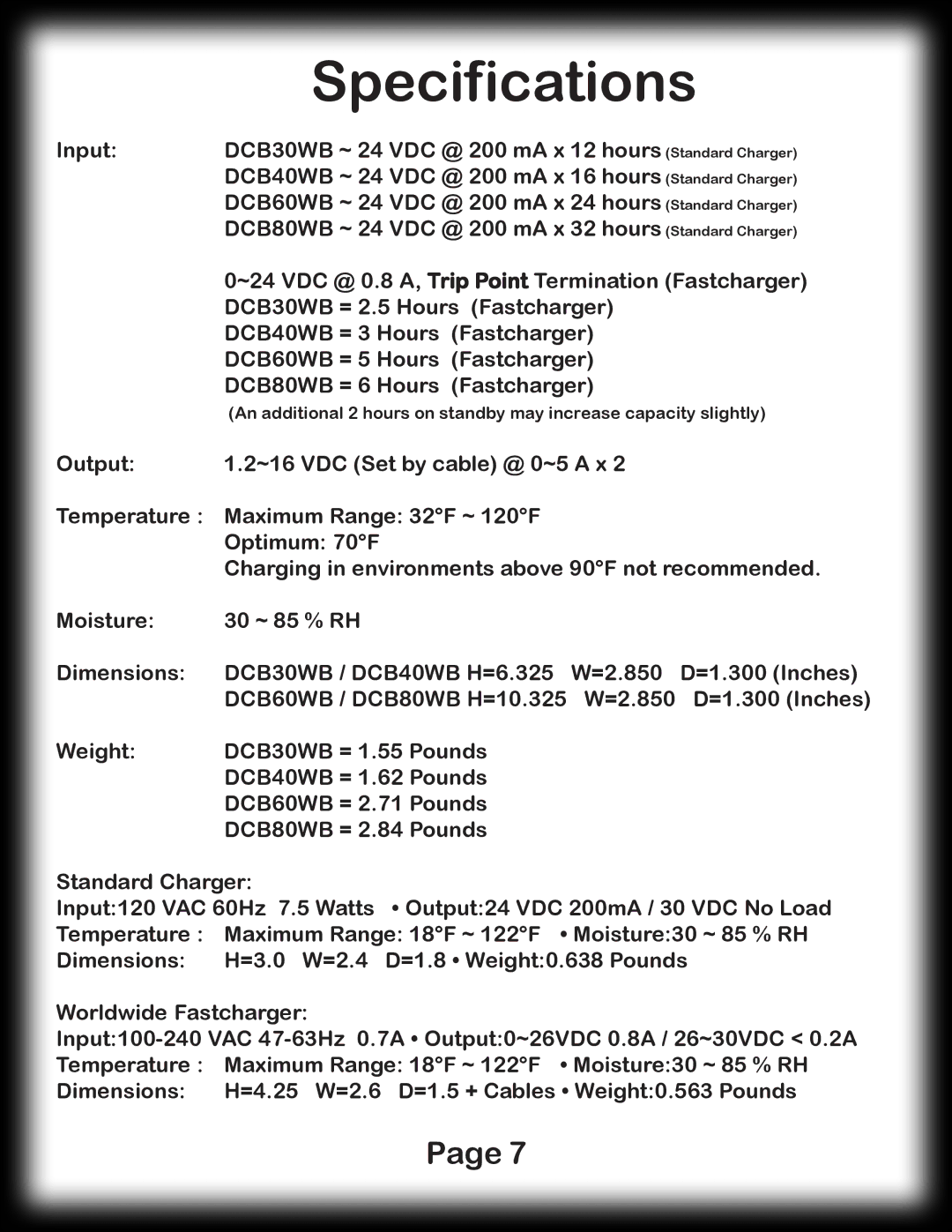 Digital Camera Battery DCB80WB manual Specifications, Input DCB30WB ~ 24 VDC @ 200 mA x 12 hours Standard Charger 