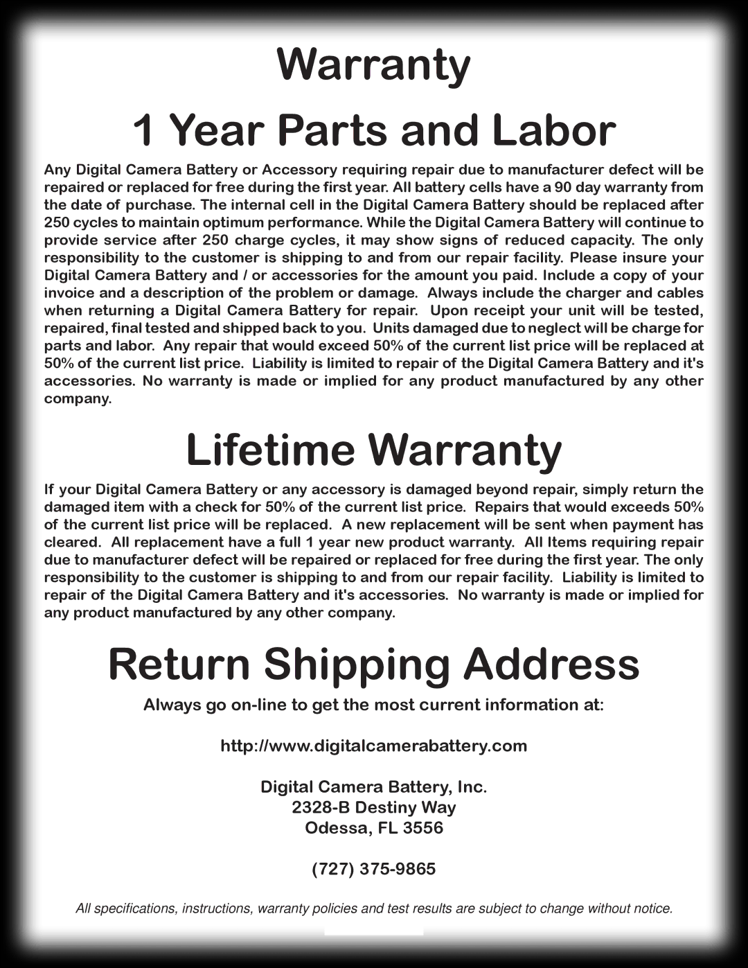 Digital Camera Battery DCB80WB manual Warranty Year Parts and Labor, Return Shipping Address 