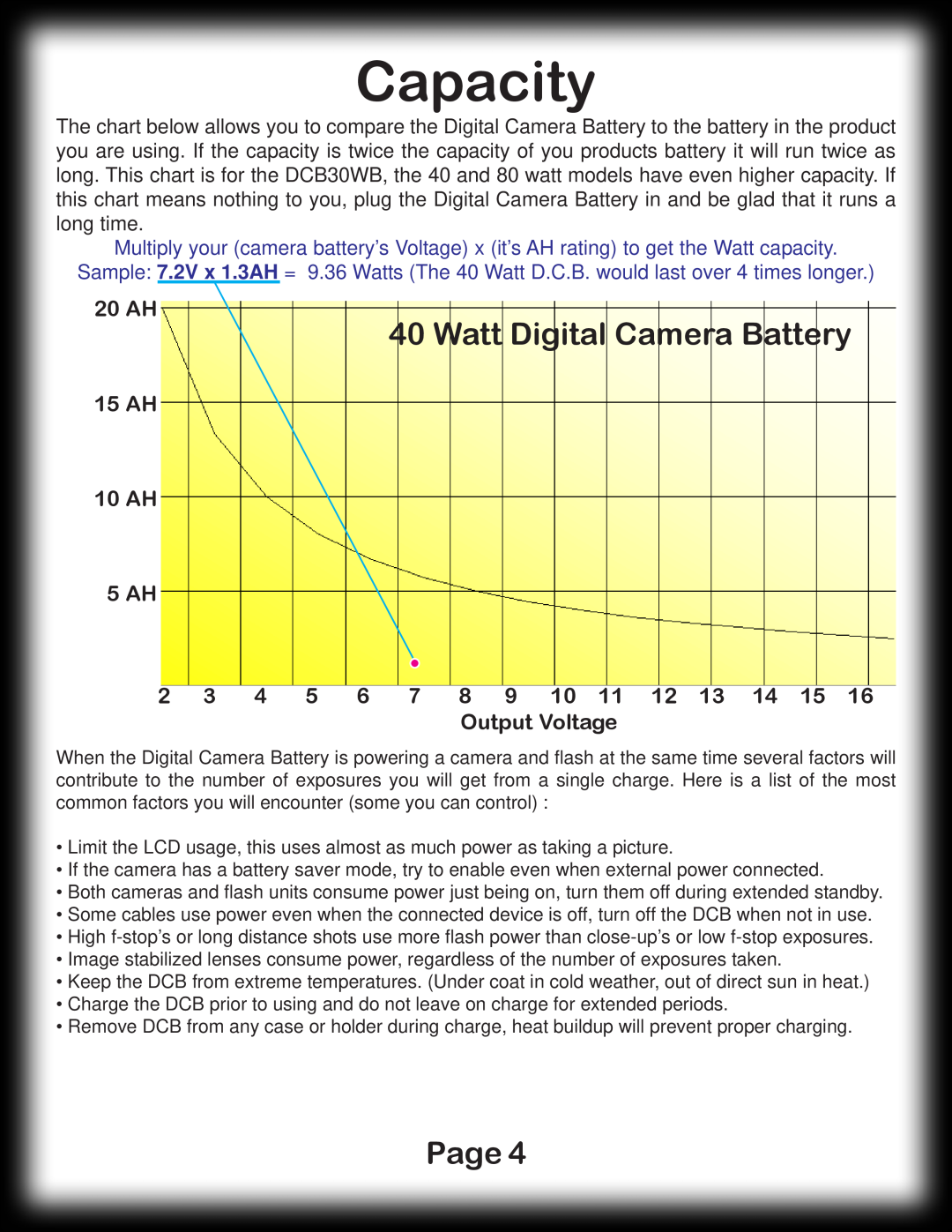Digital Camera Battery DCB80WB manual Capacity, 20 AH, 15 AH, 10 AH, Output Voltage, Page, Watt Digital Camera Battery 