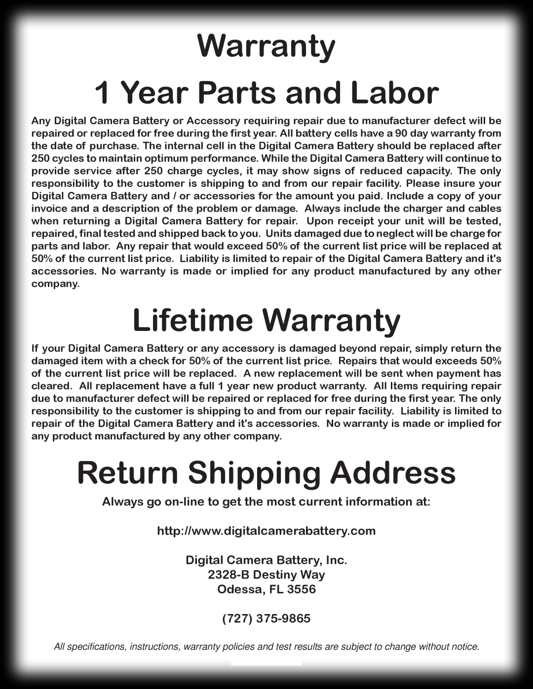 Digital Camera Battery DCB80WB manual Warranty 1 Year Parts and Labor, Return Shipping Address 