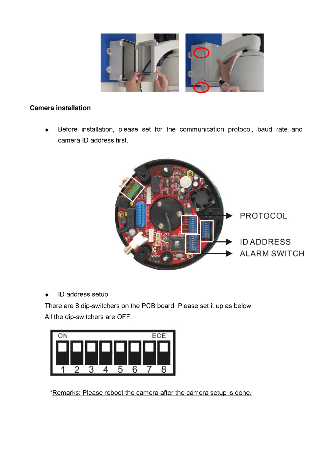 Digital Data Communications FCS-4100, FCS-4500, FCS-4300, FCS-4400, FCS-4200, FCS-4000 manual Camera installation 