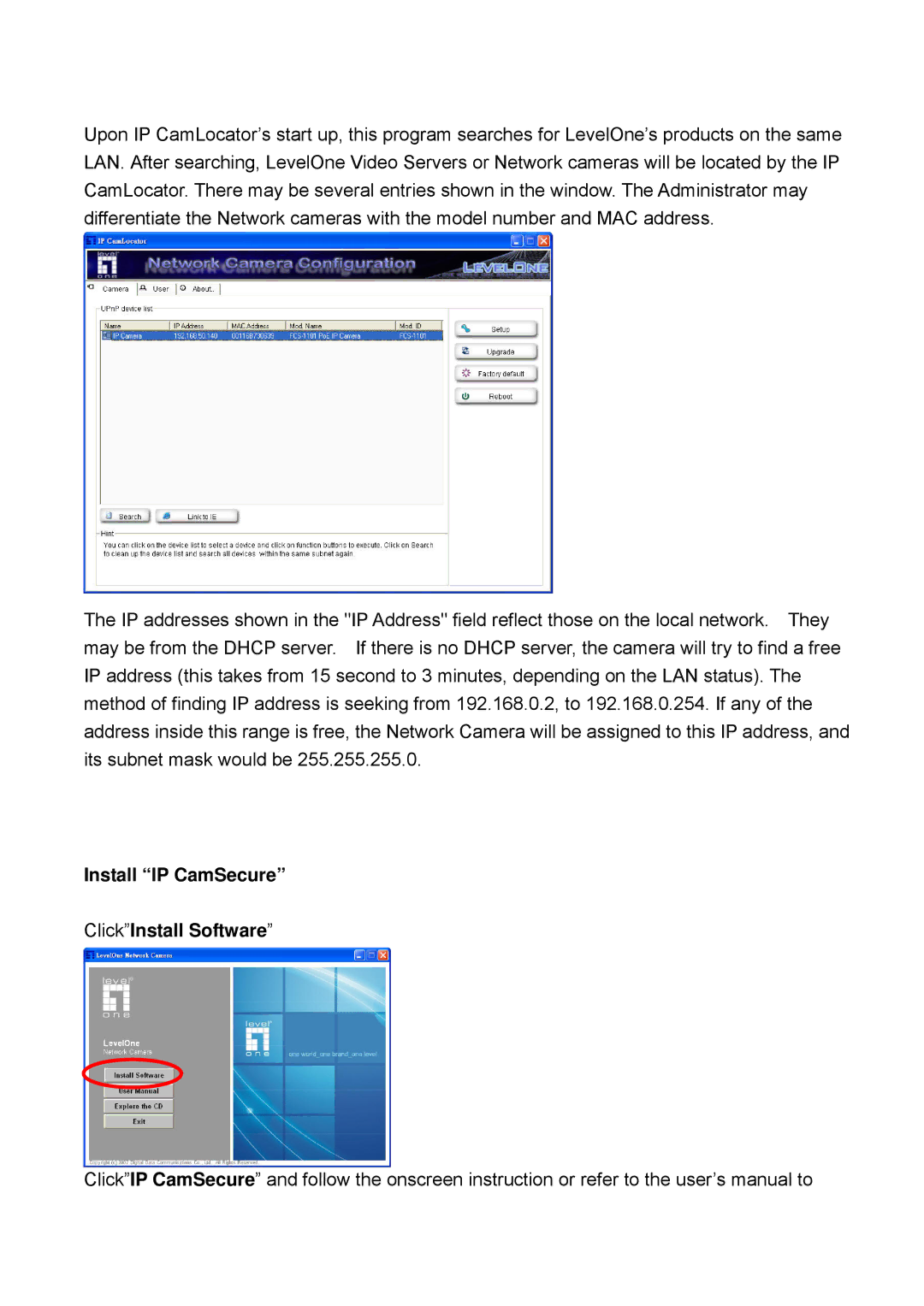 Digital Data Communications FCS-4100, FCS-4500, FCS-4300, FCS-4400, FCS-4200 manual Install IP CamSecure ClickInstall Software 