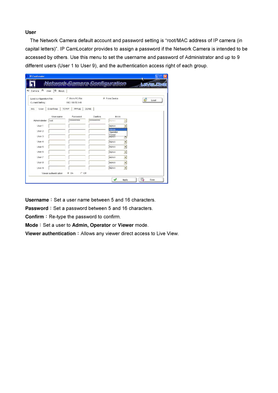 Digital Data Communications FCS-4100, FCS-4500, FCS-4300, FCS-4400 User, Mode：Set a user to Admin, Operator or Viewer mode 