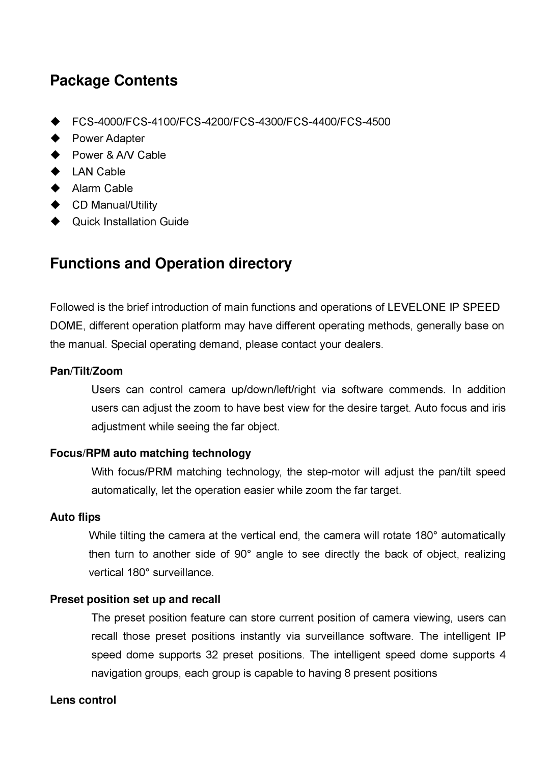 Digital Data Communications FCS-4000, FCS-4500, FCS-4300, FCS-4400 manual Package Contents, Functions and Operation directory 