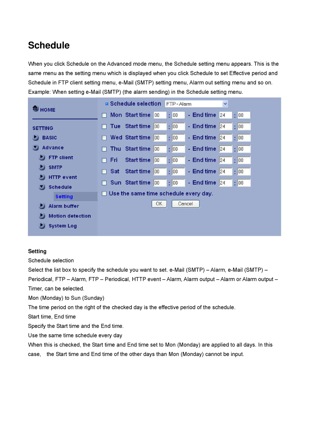 Digital Data Communications FCS-4400, FCS-4500, FCS-4300, FCS-4200, FCS-4100, FCS-4000 manual Schedule, Setting 