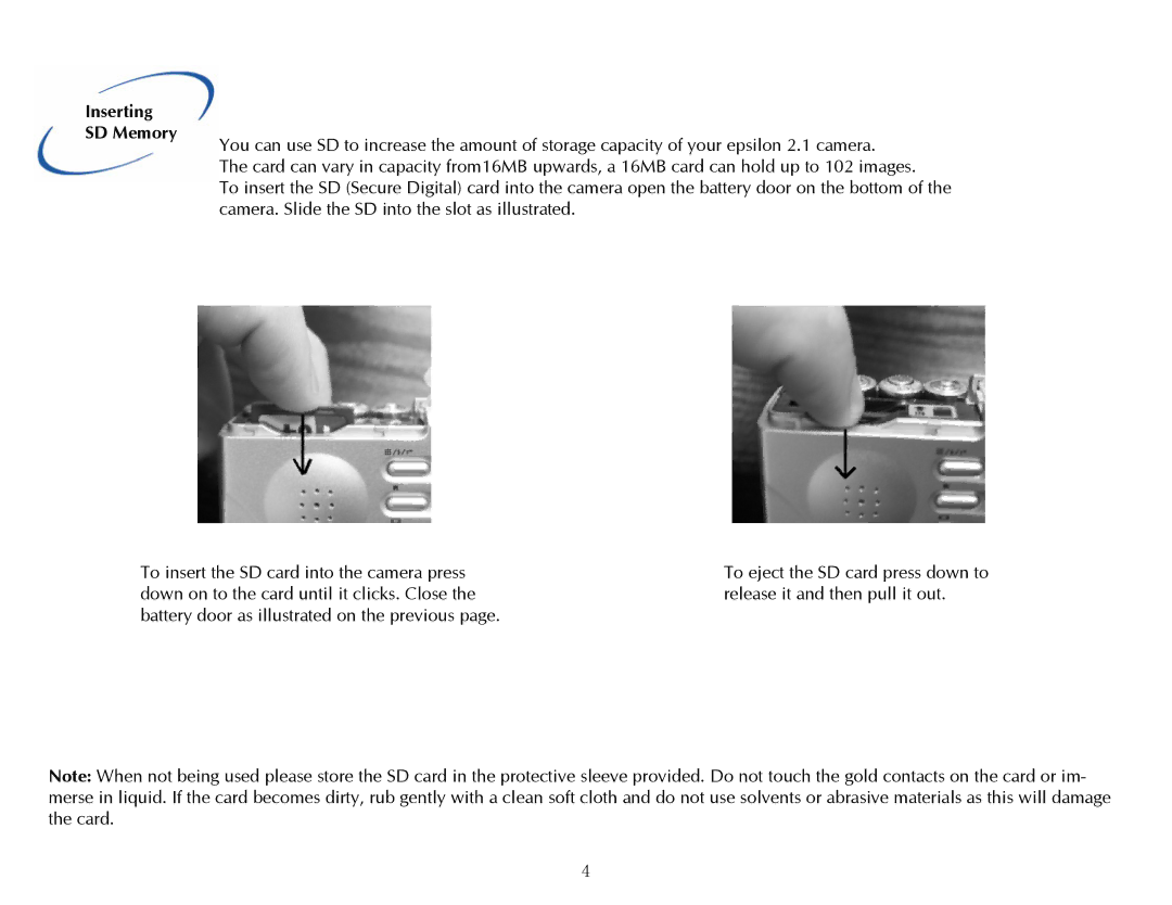 Digital Dream 2.1 manual Inserting SD Memory 