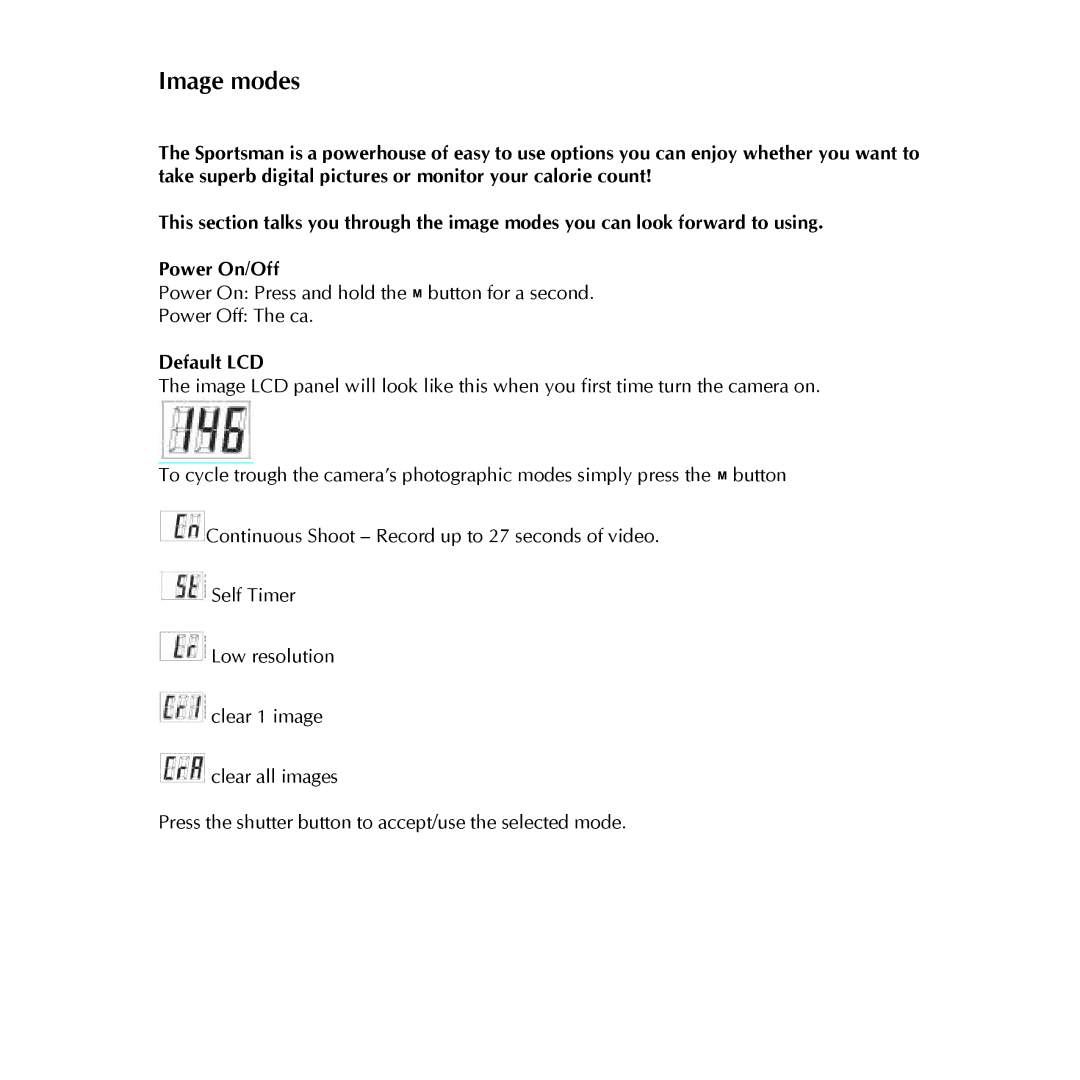 Digital Dream sportsman manual Image modes, Default LCD 