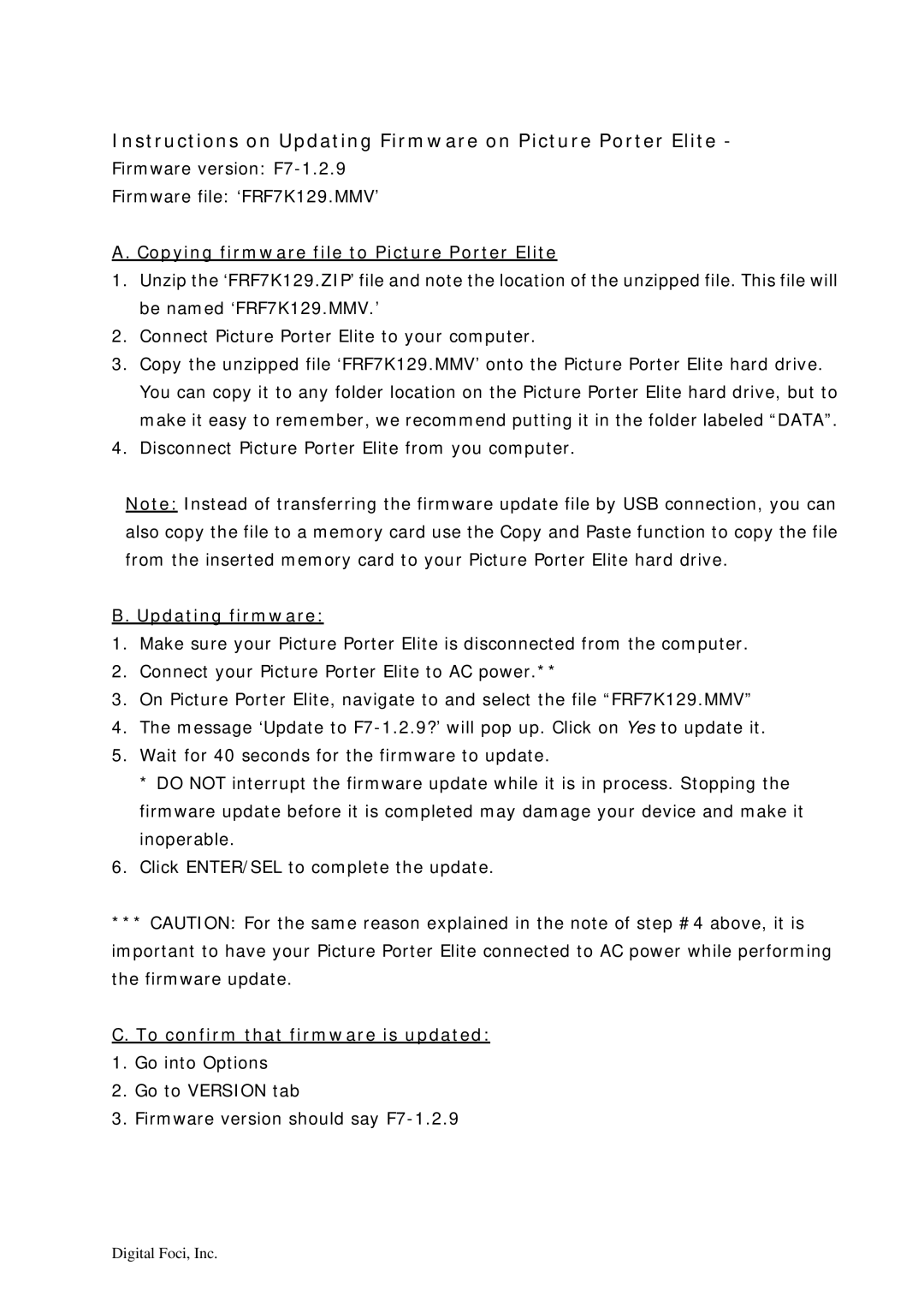 Digital Foci F7-1.2.9 manual Instructions on Updating Firmware on Picture Porter Elite, Updating firmware 