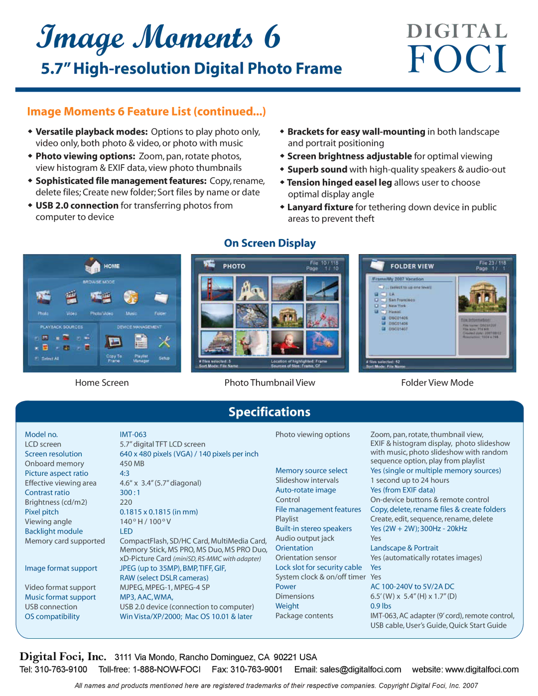 Digital Foci Image Moments 6 manual Led, MP3, AAC, WMA 