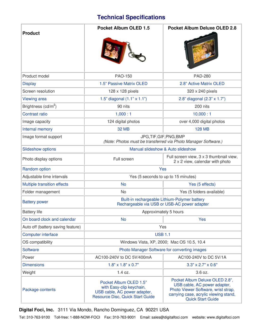 Digital Foci PAD-280 Product model, Screen resolution, Brightness cd/m2, Image capacity, PAO-150, 128 x 128 pixels, Yes 